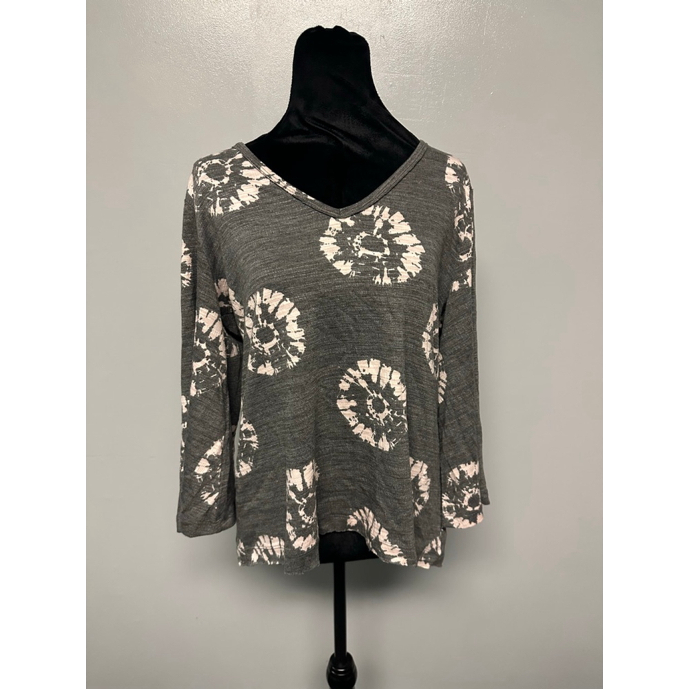 Wonderly Gray & Pink Tie-Dye Tee size medium boho 3/4 sleeve flowy v-neck